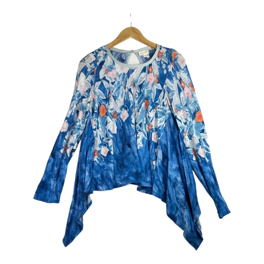 MEADOW RUE- Blue Knit Long Sleeve Floral Watercolor Pullover Size XSP‎